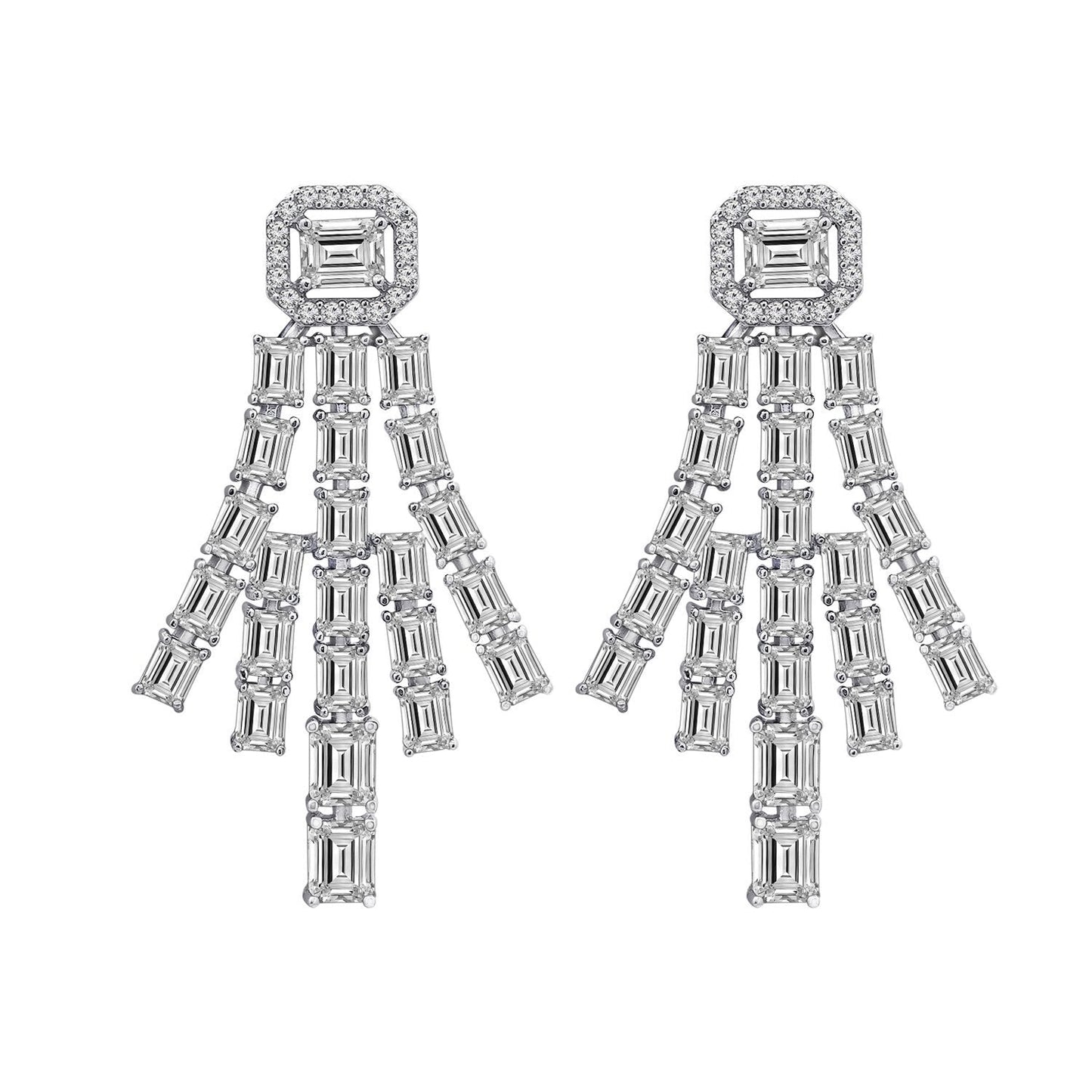 KIERA COUTURE Platinum Clad Sterling Silver Emerald Cut Cubic Zirconia Chandelier Drop Earrings