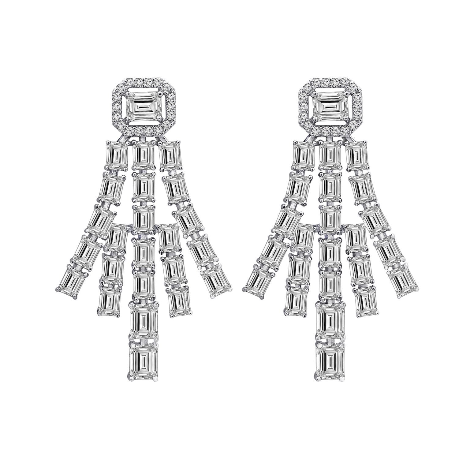 KIERA COUTURE Platinum Clad Sterling Silver Emerald Cut Cubic Zirconia Chandelier Drop Earrings