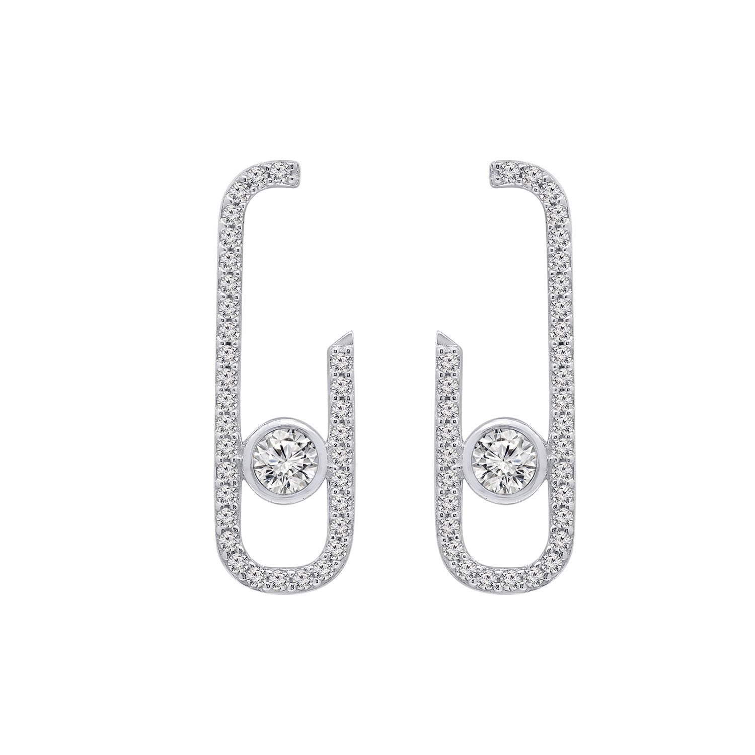 KIERA COUTURE Platinum Clad Sterling Silver Cubic Zirconia Front Facing J-Shaped Drop Stud Earrings