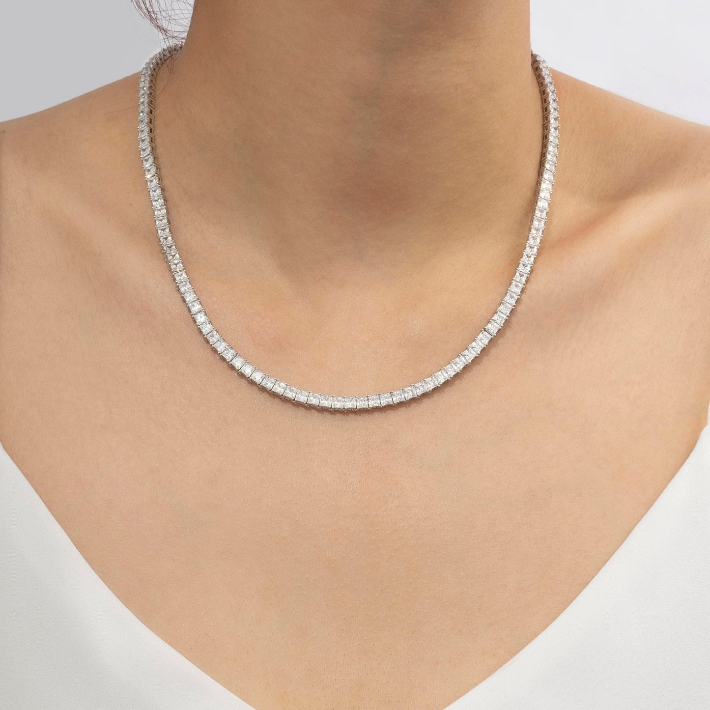 Choice Of 3mm 4mm 5mm Princess Tennis Necklace, Silver JEN26130