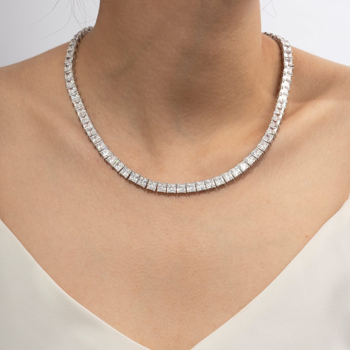 Choice Of 3mm 4mm 5mm Princess Tennis Necklace, Silver JEN26130