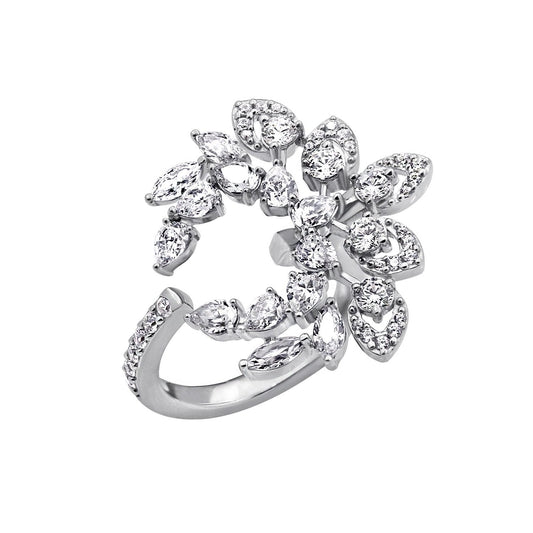 KIERA COUTURE Platinum Clad Sterling Silver Cubic Zirconia Laurel Wreath Open Ring - GEMOUR