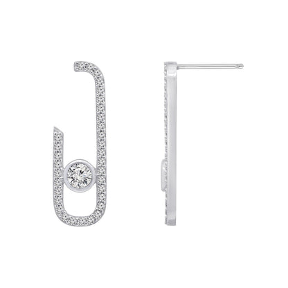 KIERA COUTURE Platinum Clad Sterling Silver Cubic Zirconia Front Facing J-Shaped Drop Stud Earrings