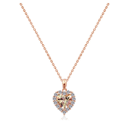 Heart Misty Rose Topaz Halo Pendant Necklace